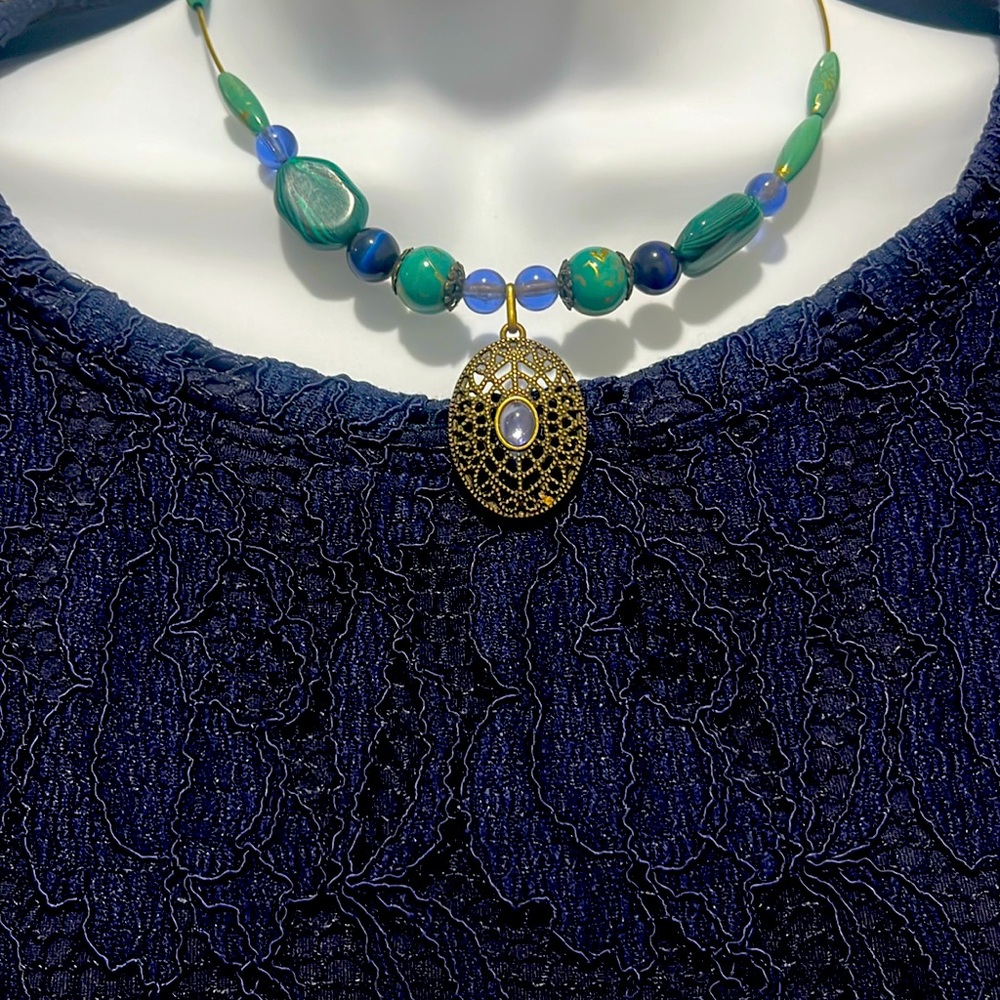 Elegant Green and Blue Beaded Necklace with Pendant
